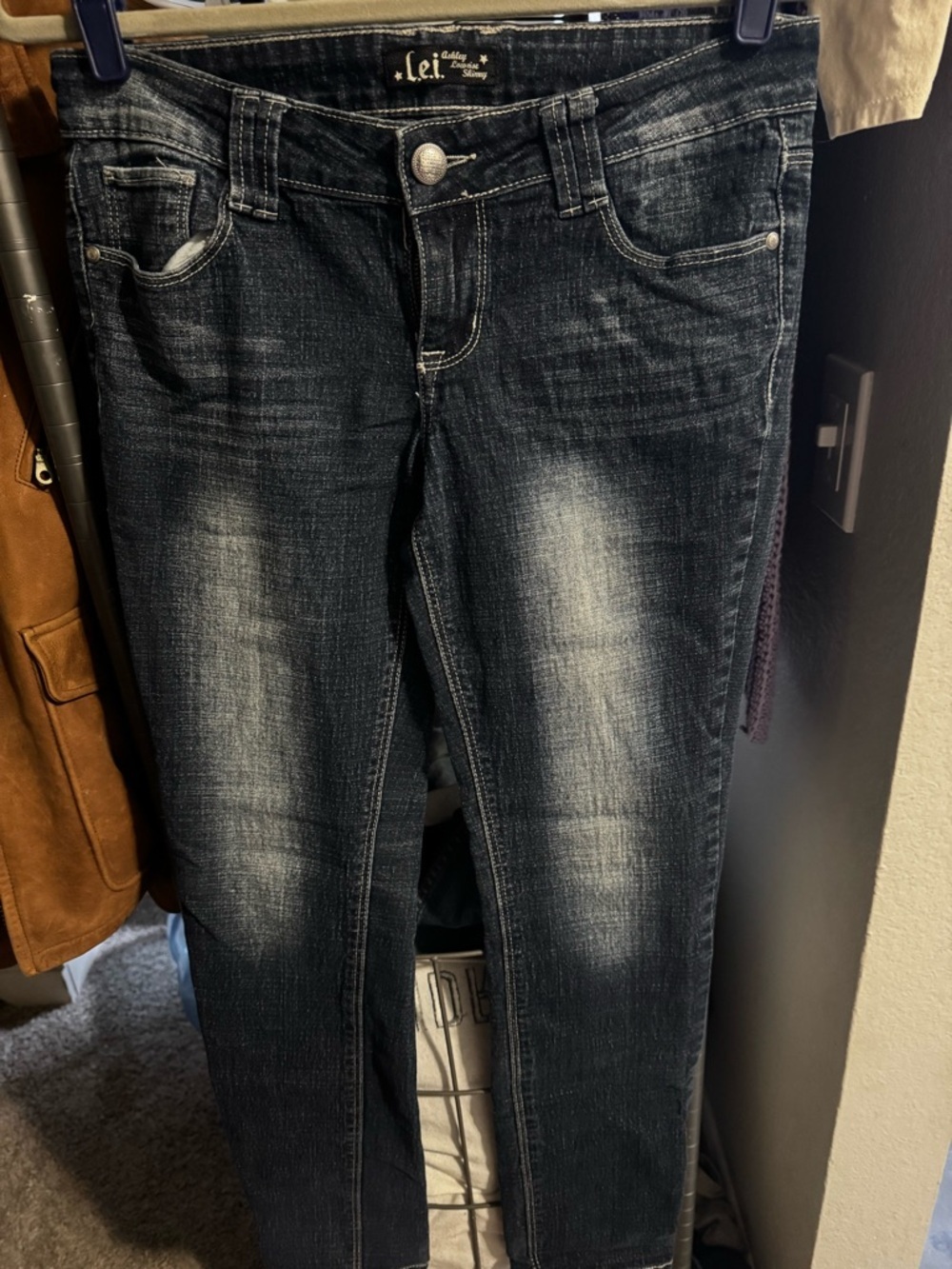L.E.I Women's Dark Indigo Skinny Jeans with Faded Whisker Detail